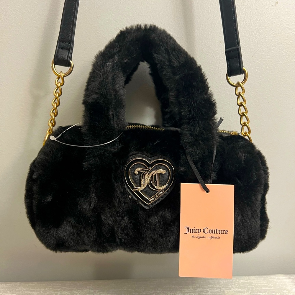Juicy Couture Black Fluffy Mini Roll Bag with Crossbody Strap - “Let’s Get Cozy